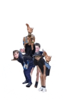 a group of people standing next to each other with chickens on their backs .