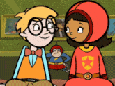 a cartoon of a boy and a girl with a monkey in the background