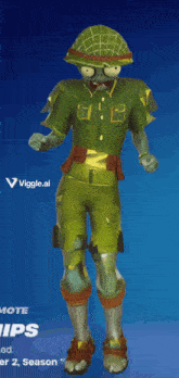 a cartoon character with a helmet on his head is standing in front of a blue background