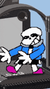 a pixel art of a skeleton wearing sunglasses and a blue shirt