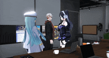 a group of anime characters are standing around a table with a laptop on it