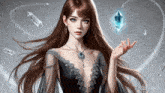 a woman in a black dress with a crystal in her hand