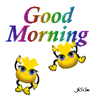 a cartoon smiley face says good morning with a rainbow background