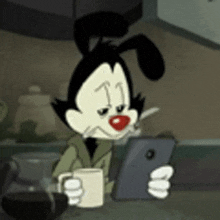 a cartoon character is smoking a cigarette while holding a cup of coffee and a cell phone .