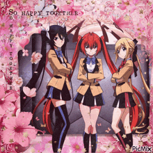 three anime girls are standing next to each other with the words so happy together on the bottom