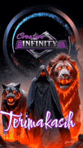 a poster for creative infinity with a grim reaper standing between two lions