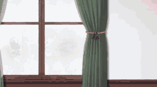 a window with a green curtain and a brown trim