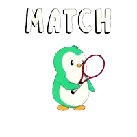 a penguin is holding a tennis racquet and a tennis ball with the word match written above it