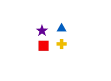 a red square a purple star a blue triangle and a yellow plus are shown on a white background