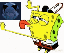 a cartoon drawing of spongebob holding a chainsaw with a girl in the background