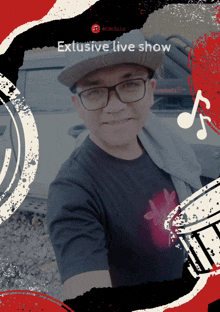 a man wearing glasses and a hat stands in front of a car with the words exclusive live show above him