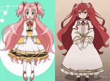 a girl with pink hair and a girl with red hair are standing next to each other