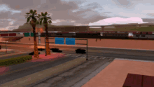 a video game scene with a palm tree in the foreground and a sign that says ' freeway ' on it