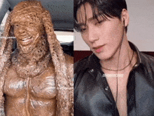 a statue of a man covered in chocolate next to a man in a black shirt