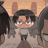 a cartoon drawing of a boy with a serious look on his face standing in front of a group of statues