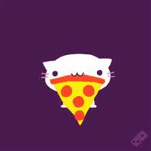 a white cat is holding a slice of pizza in its mouth