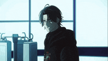 a man with a hoodie that says ' samurai ' on it stands in front of a window