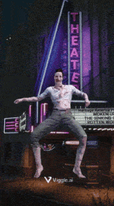 a man is jumping in the air in front of a theater sign