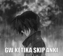 a black and white drawing of a boy in the rain with gw ketika skip anki written below him