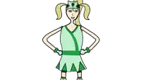 a cartoon drawing of a girl wearing a green dress