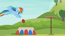 a cartoon of a pony with a rainbow mane jumping over a red ball