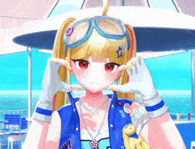 a girl wearing a blue vest and gloves with a star on her head
