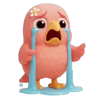 a pink bird with a flower on its head is crying with blue tears coming out of its eyes