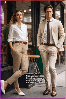a man and a woman are standing next to each other in front of a building with the words weekend placut on the bottom