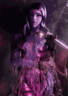 a woman in a purple dress is being sprayed with a hose