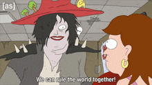 a cartoon of a woman talking to a monster that says " we can rule the world together "