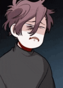 a cartoon character with purple hair and a black shirt is making a funny face .