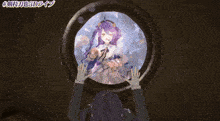 a blue haired anime girl with a microphone on her head stands on a stage
