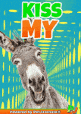 a donkey on a blue background with the words kiss my