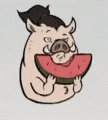 a cartoon pig is holding a slice of watermelon in its mouth .