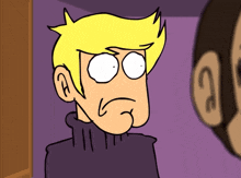 a cartoon drawing of a man with yellow hair and a turtleneck
