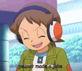 a cartoon character with headphones and the words peanut made a joke