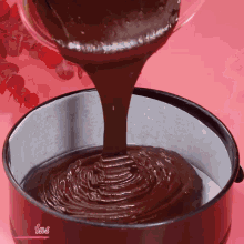 a chocolate cake batter is being poured into a pan on a pink table