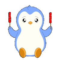 a blue and white penguin is holding two red lollipops and a red heart