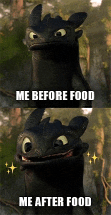 toothless from how to train your dragon is shown with the caption me before food and me after food