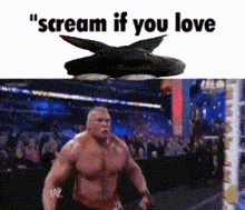a man is screaming in front of a crowd with the words " scream if you love " above him