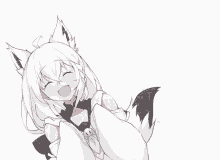 a girl with white hair and black tail is smiling