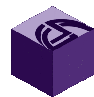 a purple cube with a black logo on the side