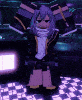 a cartoon character with purple hair is standing on a checkered floor in a dark room