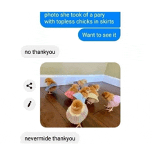 a group of chicks wearing cupcake wrappers are standing on a wooden floor ..