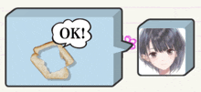 a picture of a girl with a speech bubble that says ok on it