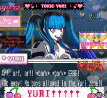 a cartoon of a girl with blue hair and a warning sign that says " this may have yuri "