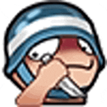 a cartoon of a person wearing a blue and white hat covering their face with their hand .