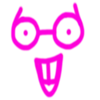 a pink and white drawing of a face with glasses and a smile