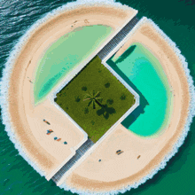 an aerial view of a circular island with a palm tree in the middle