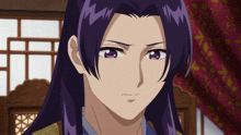 a girl with purple hair and purple eyes looks at the camera